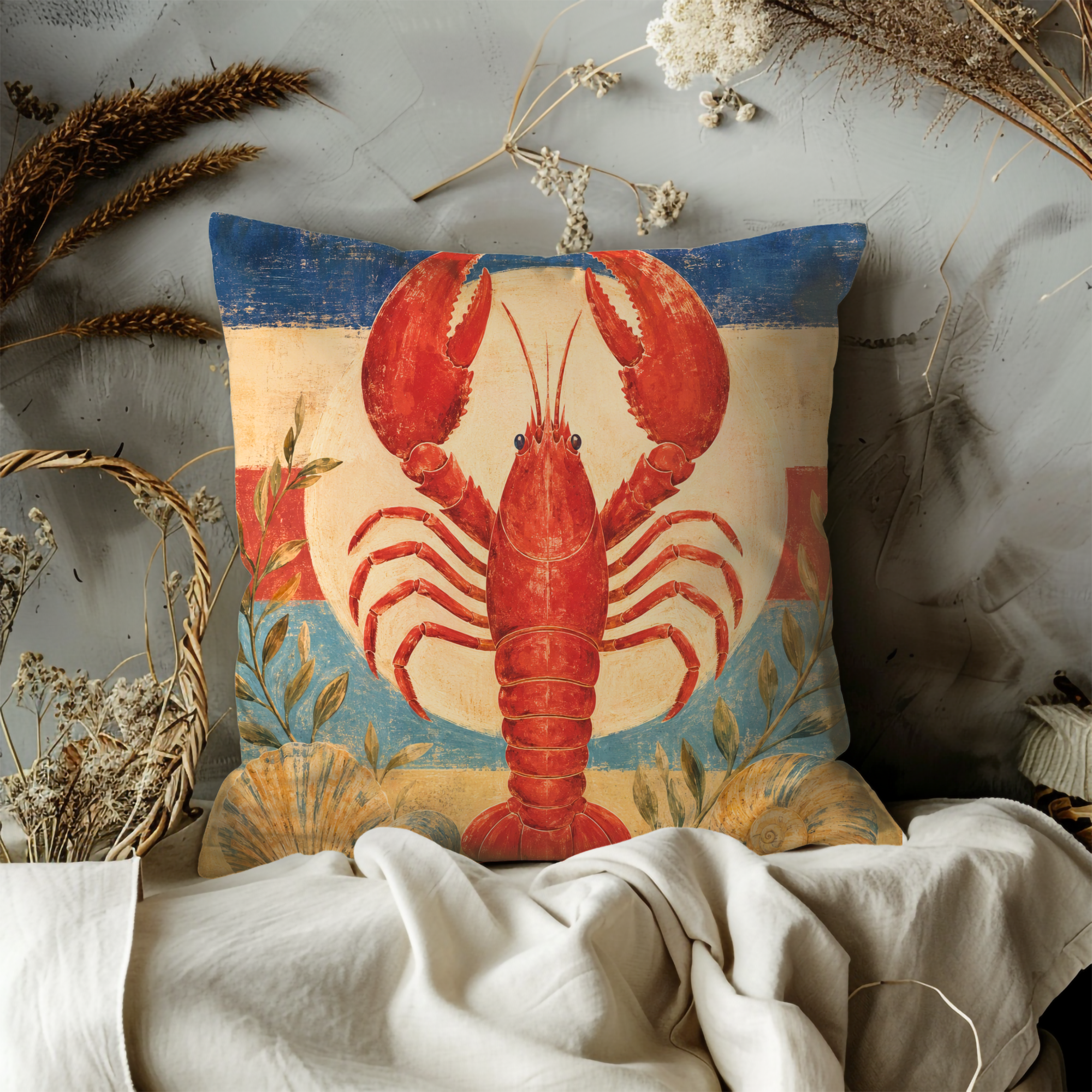 Red Lobster Coastal Pillow Cover | Nautical Seafood Art | Beach House Decor