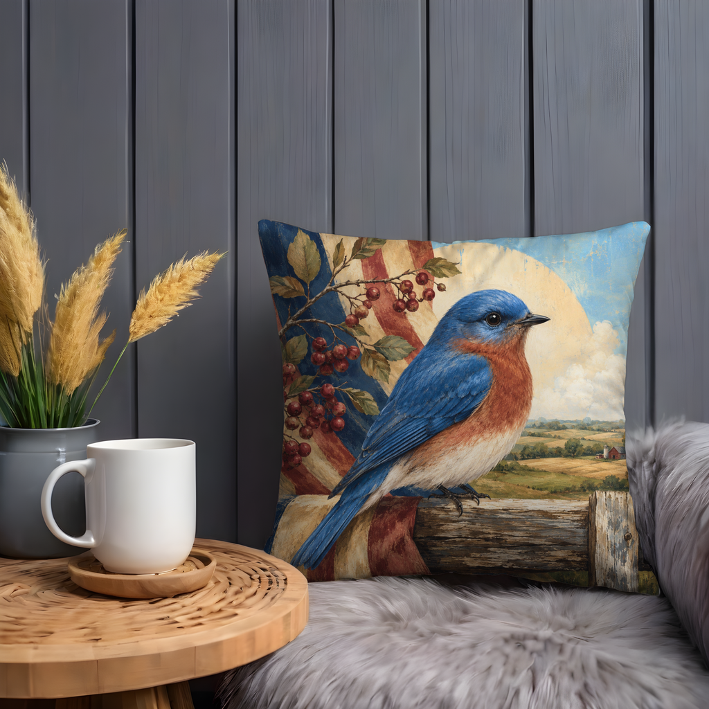 Bluebird Berries Fence Pillow Cover | Classic Wildlife Art | Country Nature Decor