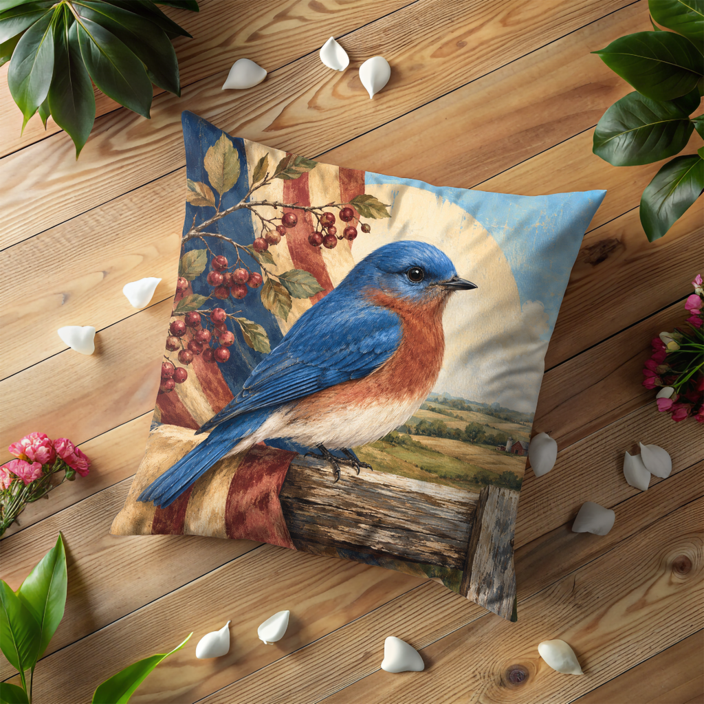 Bluebird Berries Fence Pillow Cover | Classic Wildlife Art | Country Nature Decor