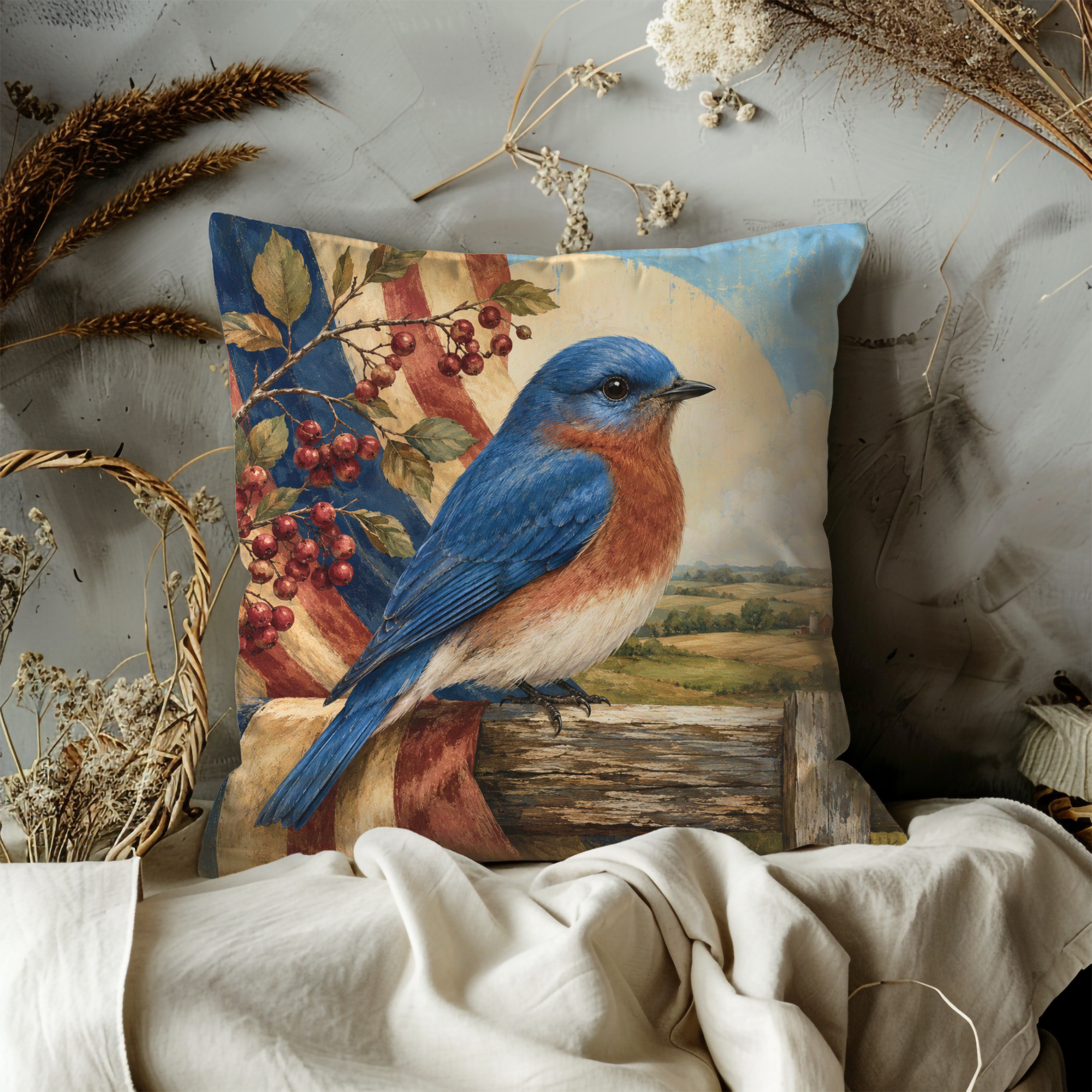 Bluebird Berries Fence Pillow Cover | Classic Wildlife Art | Country Nature Decor