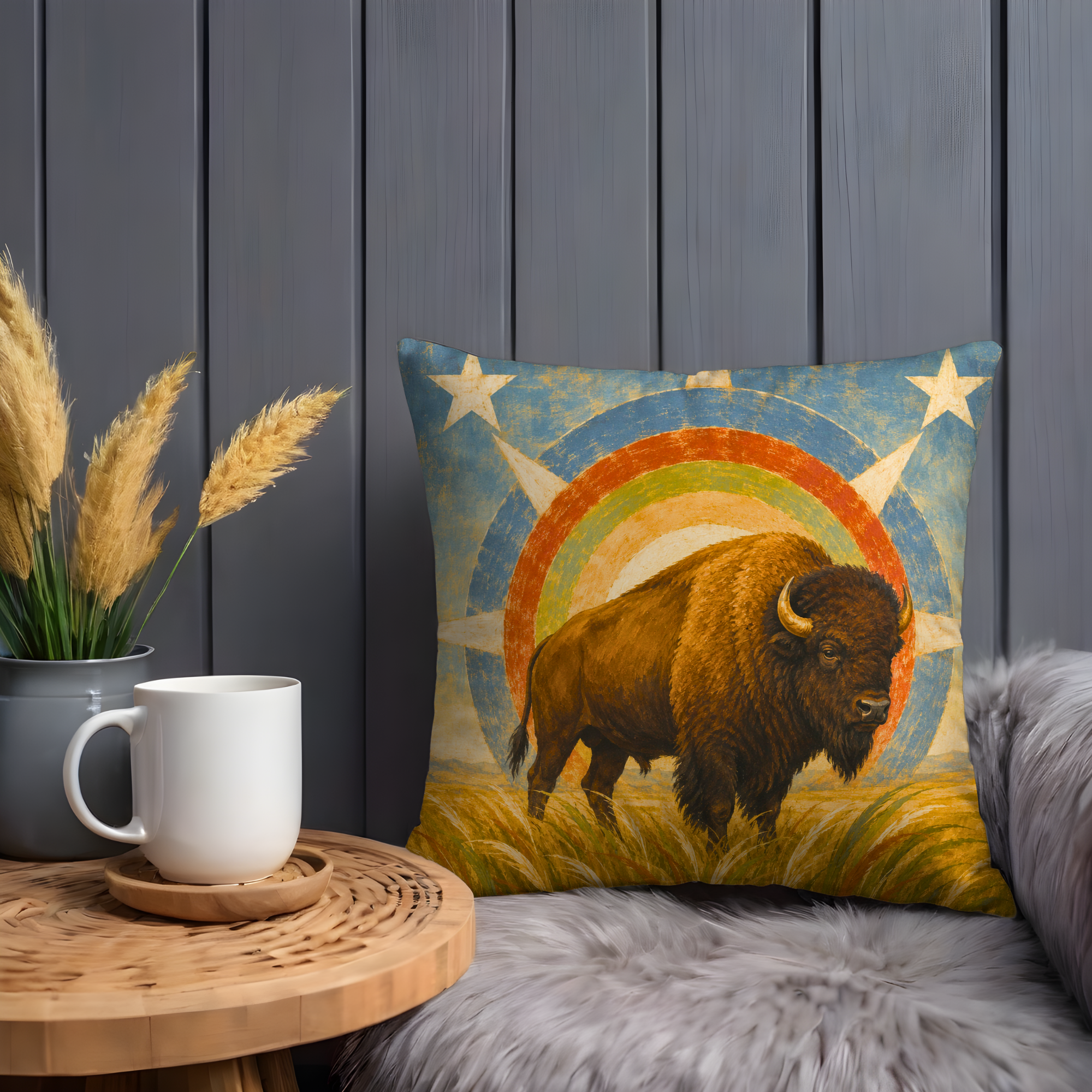 Bison Prairie Sun Pillow Cover | Western Wildlife Art | Bold Nature Decor