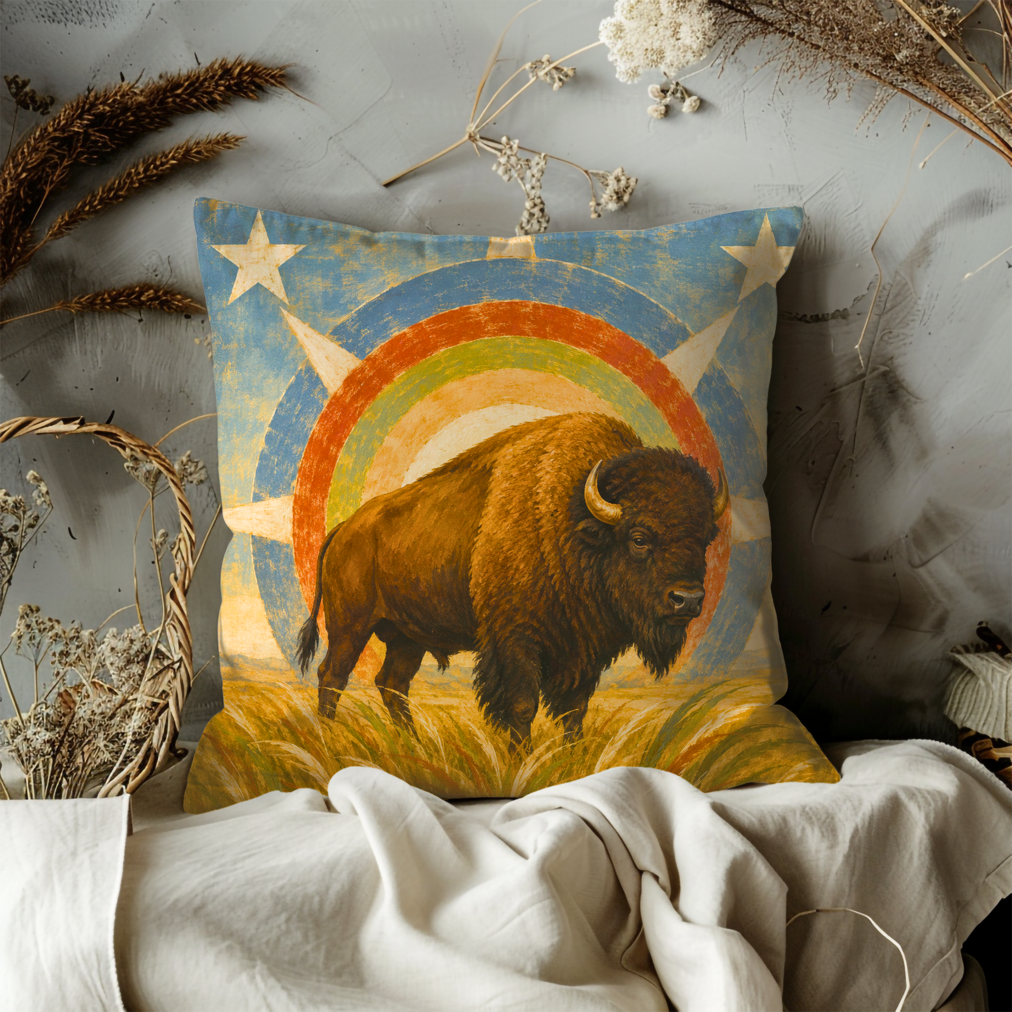 Bison Prairie Sun Pillow Cover | Western Wildlife Art | Bold Nature Decor