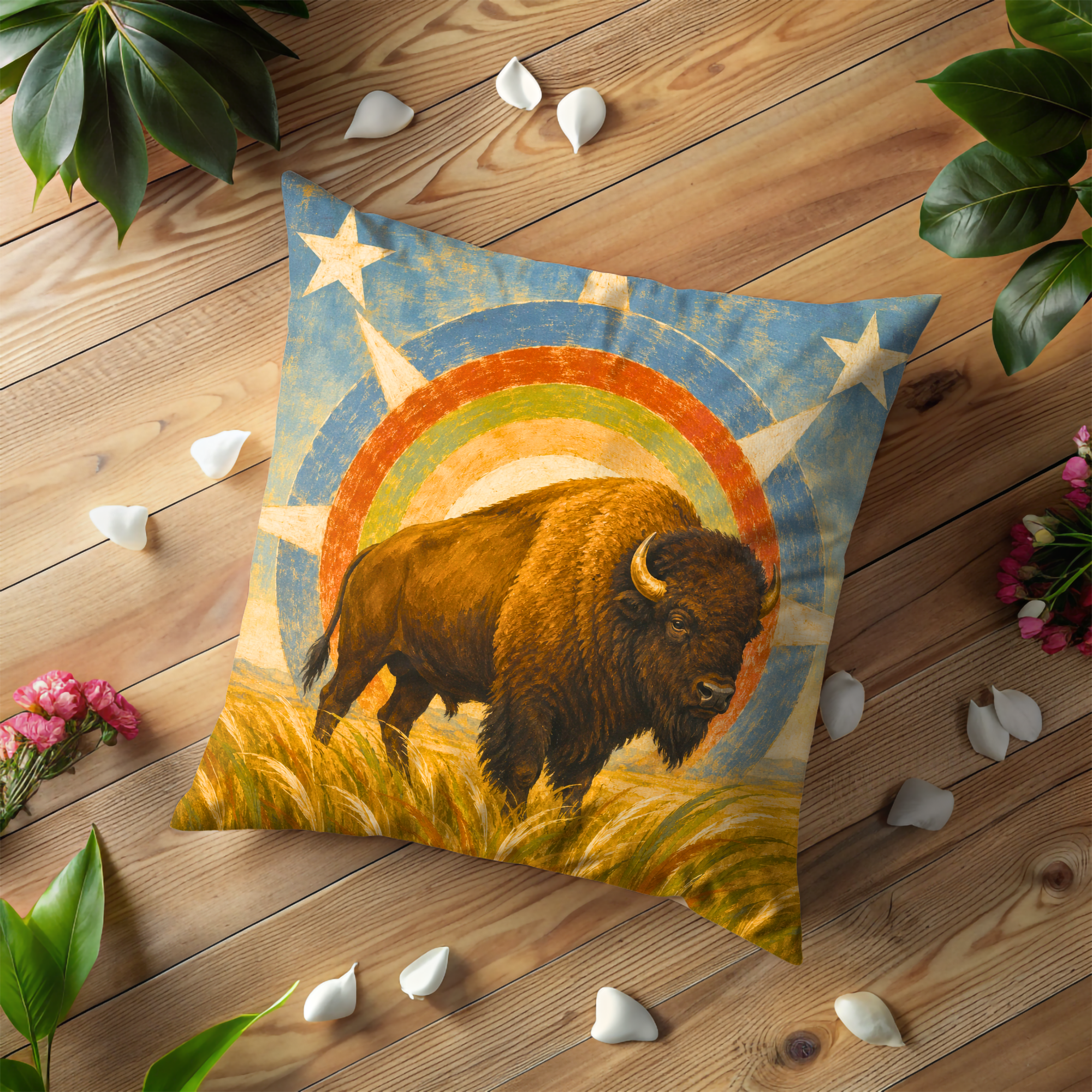 Bison Prairie Sun Pillow Cover | Western Wildlife Art | Bold Nature Decor