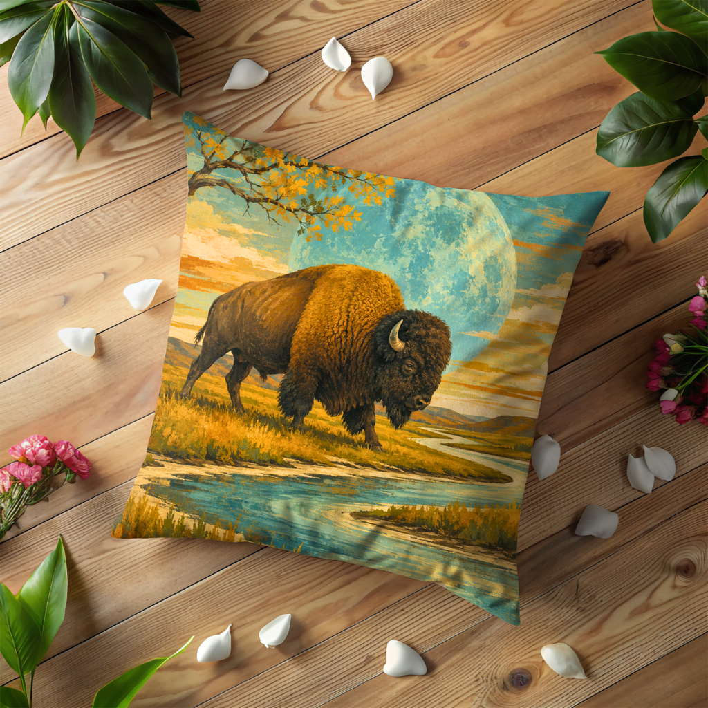 Bison River Moon Pillow Cover | Western Wildlife Art | Bold Nature Decor
