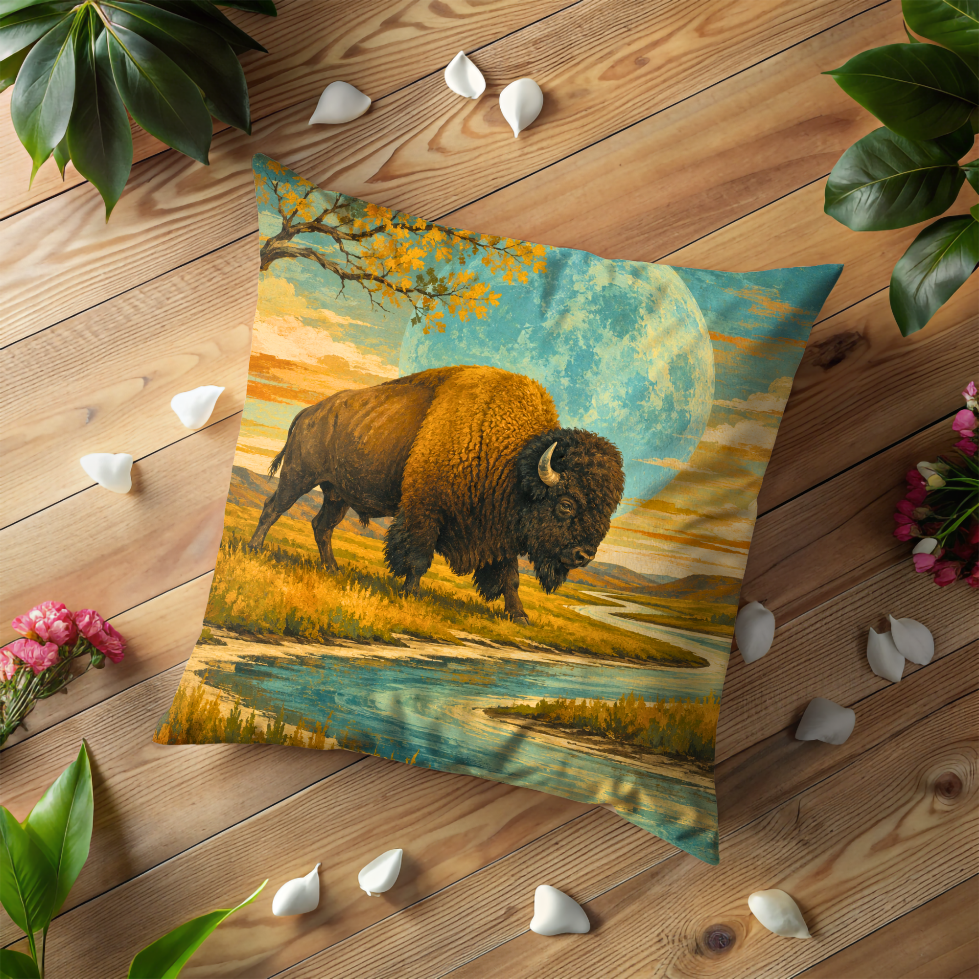Bison River Moon Pillow Cover | Western Wildlife Art | Bold Nature Decor