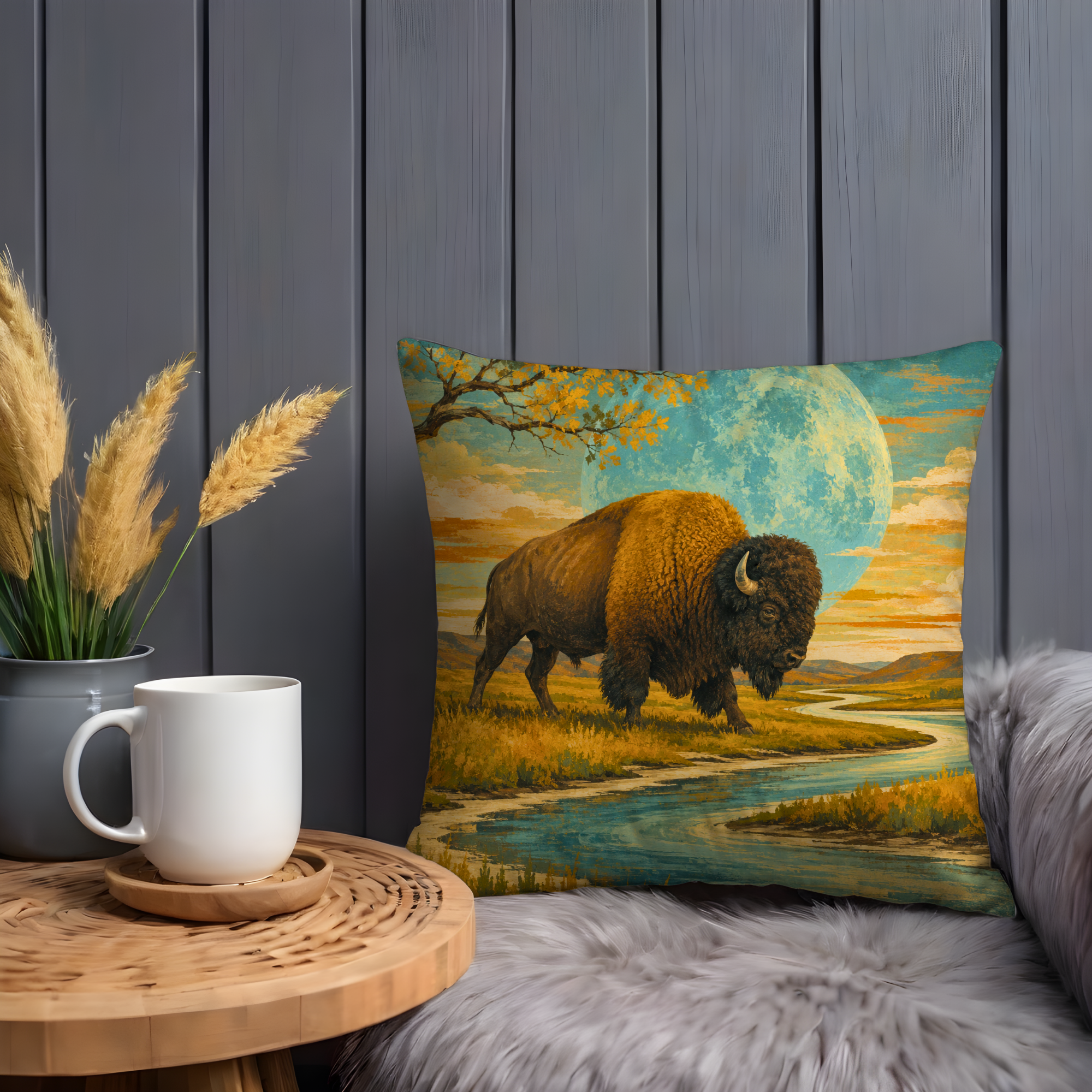 Bison River Moon Pillow Cover | Western Wildlife Art | Bold Nature Decor