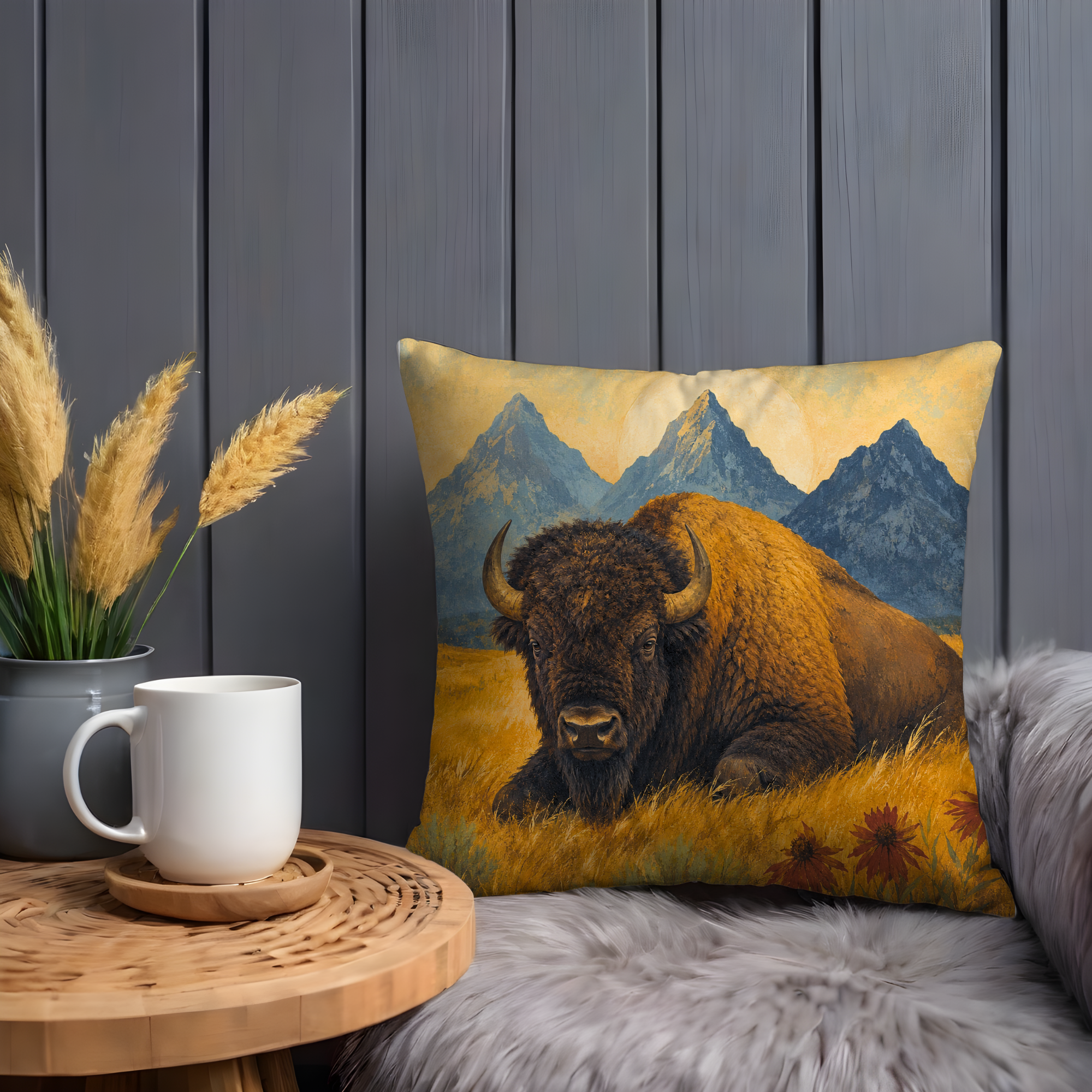 Resting Bison Mountain Prairie Pillow Cover | Western Wildlife Art | Bold Nature Decor