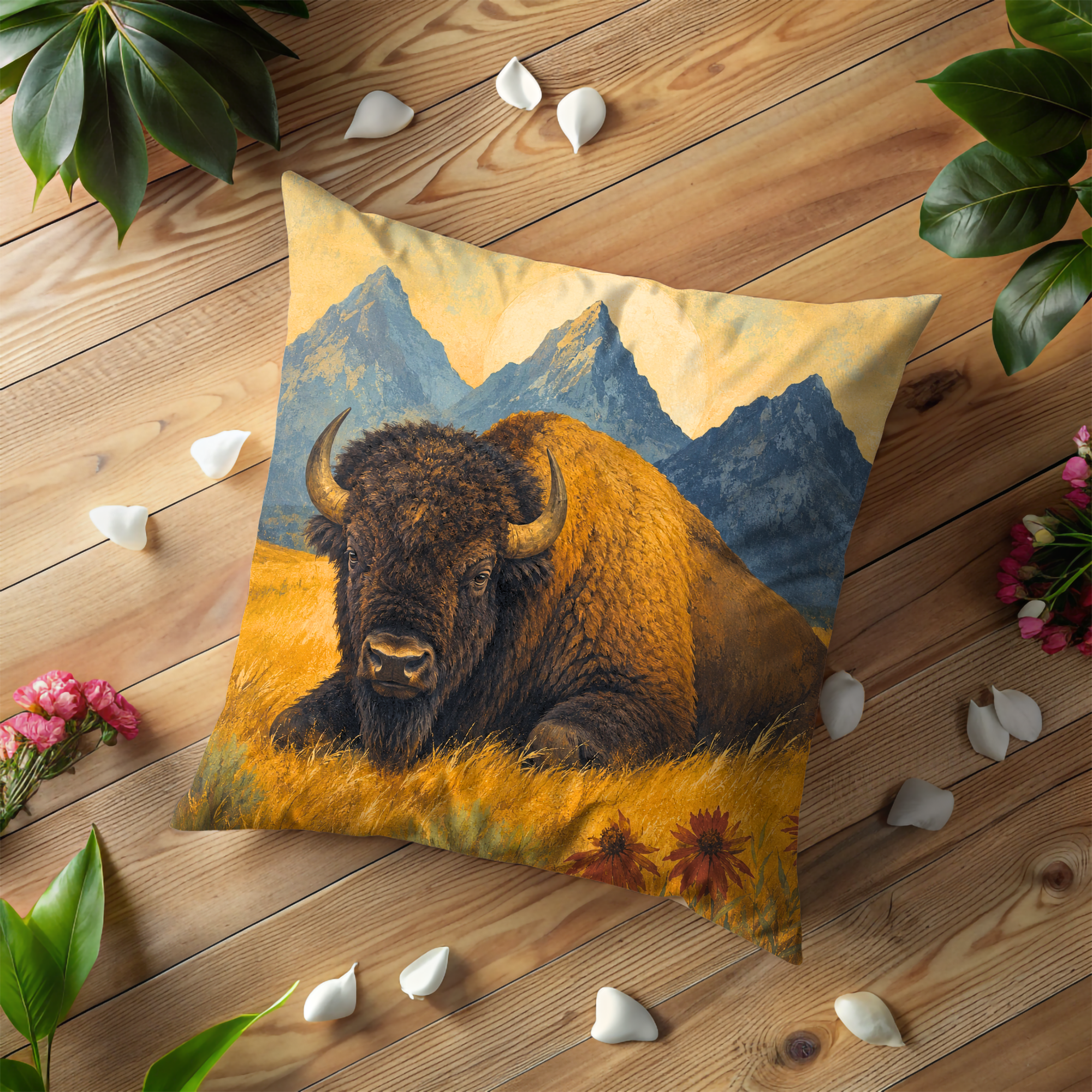 Resting Bison Mountain Prairie Pillow Cover | Western Wildlife Art | Bold Nature Decor
