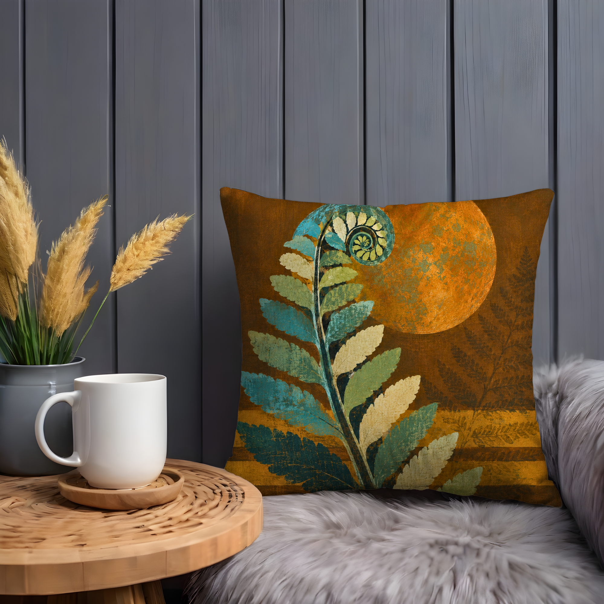 Fern Fiddlehead Golden Sun Pillow Cover | Modern Botanical Art | Warm Nature Decor