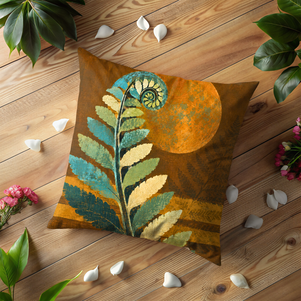 Fern Fiddlehead Golden Sun Pillow Cover | Modern Botanical Art | Warm Nature Decor