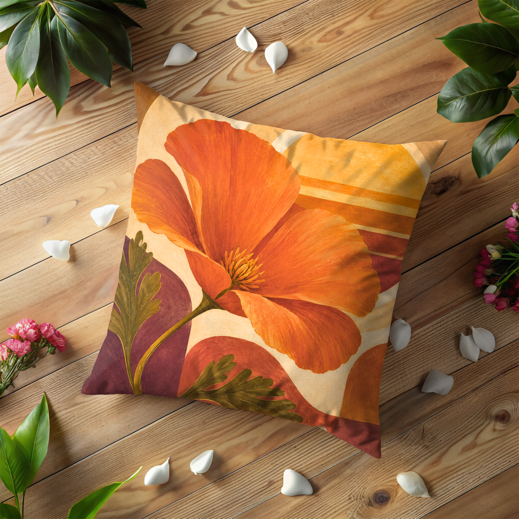 Orange Poppy Geometric Pillow Cover | Modern Botanical Art | Warm Floral Decor