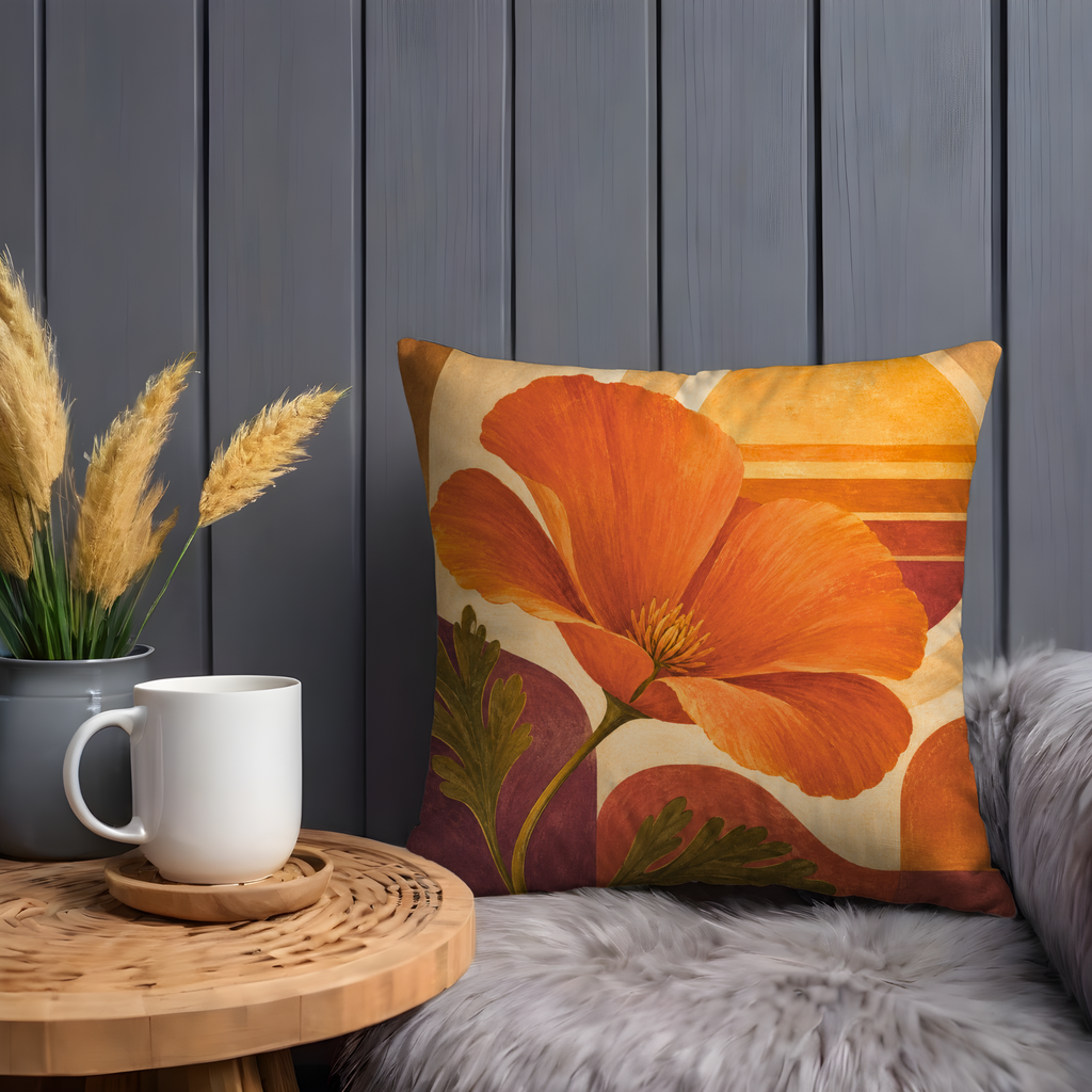 Orange Poppy Geometric Pillow Cover | Modern Botanical Art | Warm Floral Decor