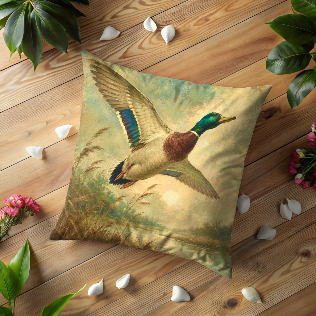 Mallard Duck in Flight Pillow Cover | Classic Wildlife Art | Wetland Nature Decor