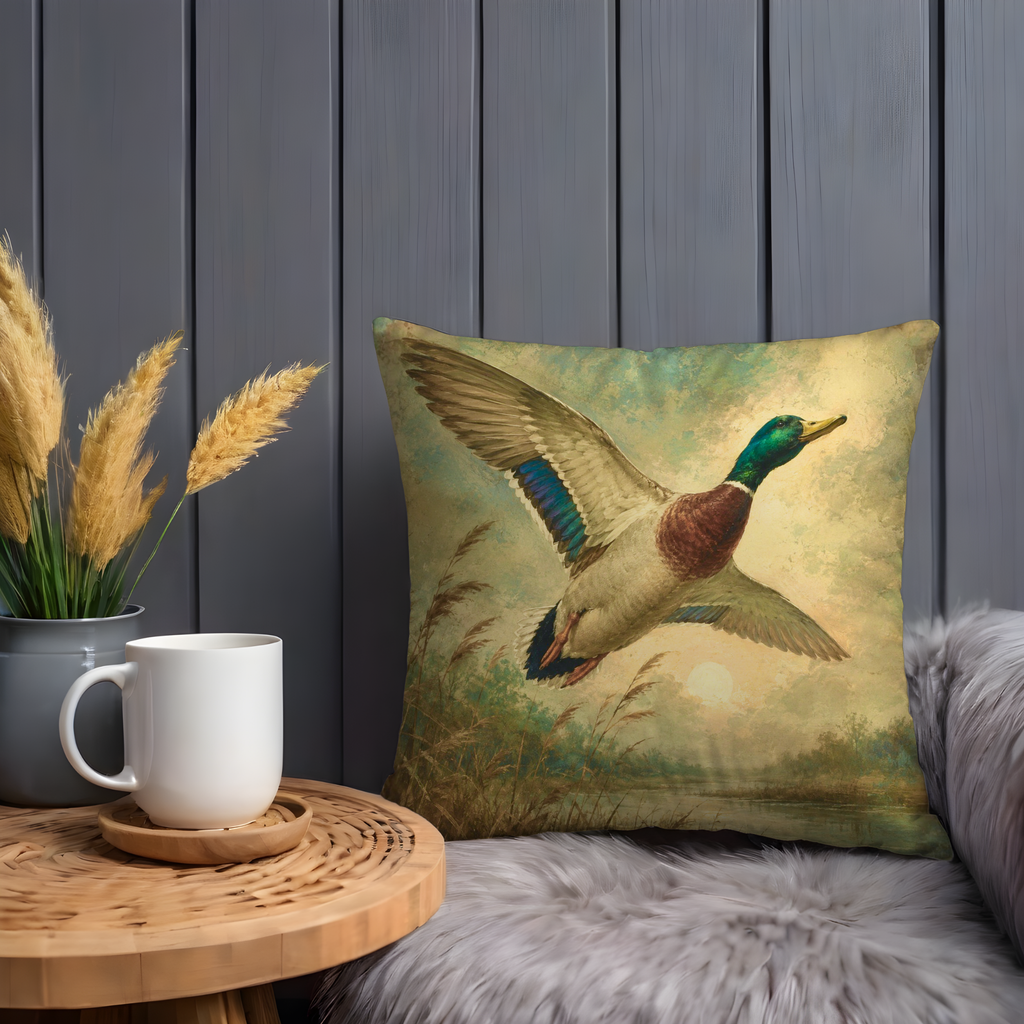 Mallard Duck in Flight Pillow Cover | Classic Wildlife Art | Wetland Nature Decor