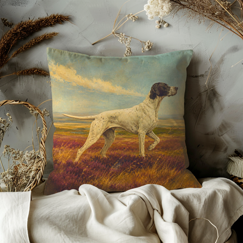 Pointer Dog Heather Field Pillow Cover | Classic Wildlife Art | Country Hunting Decor