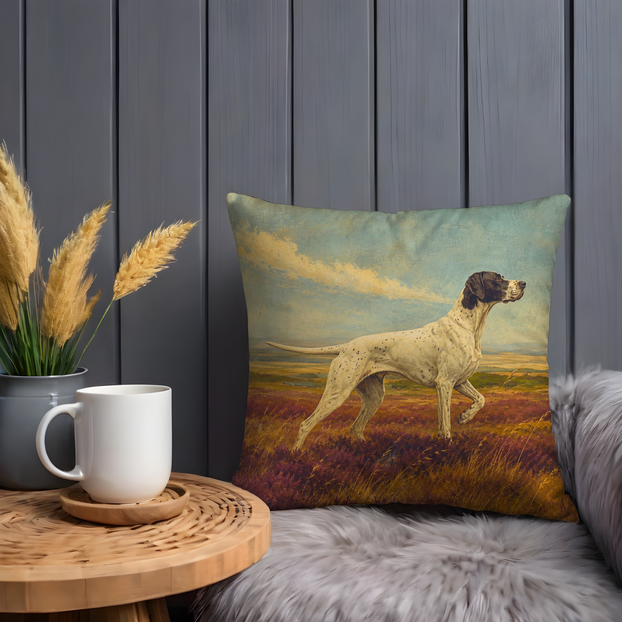 Pointer Dog Heather Field Pillow Cover | Classic Wildlife Art | Country Hunting Decor