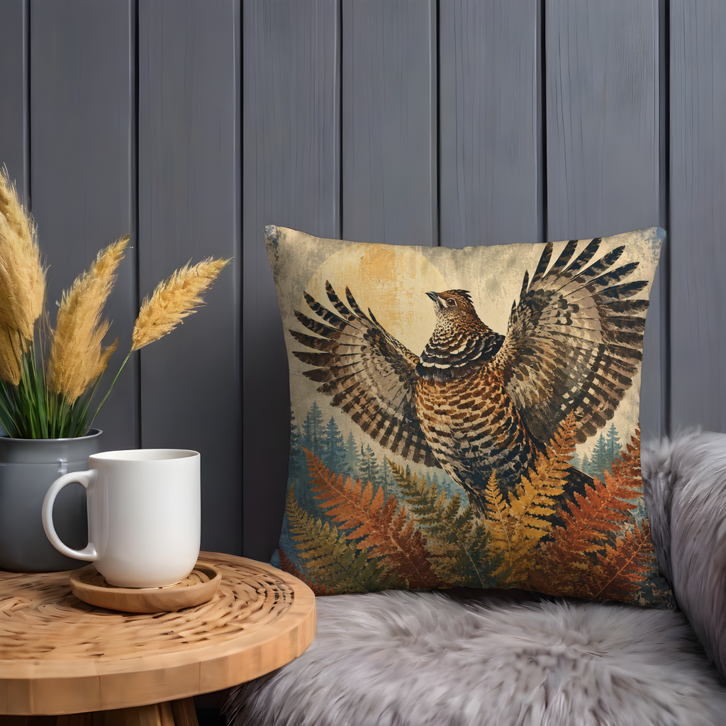 Ruffed Grouse Wings Spread Pillow Cover | Classic Wildlife Art | Autumn Forest Decor