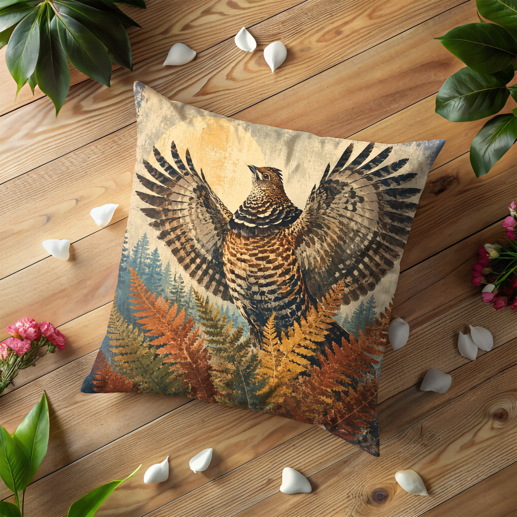 Ruffed Grouse Wings Spread Pillow Cover | Classic Wildlife Art | Autumn Forest Decor