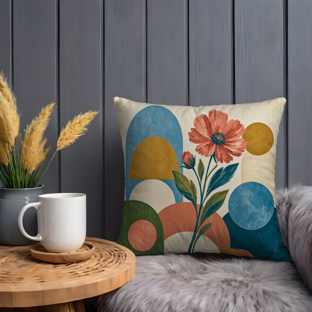 Pink Cosmos Geometric Pillow Cover | Modern Botanical Art | Abstract Floral Decor