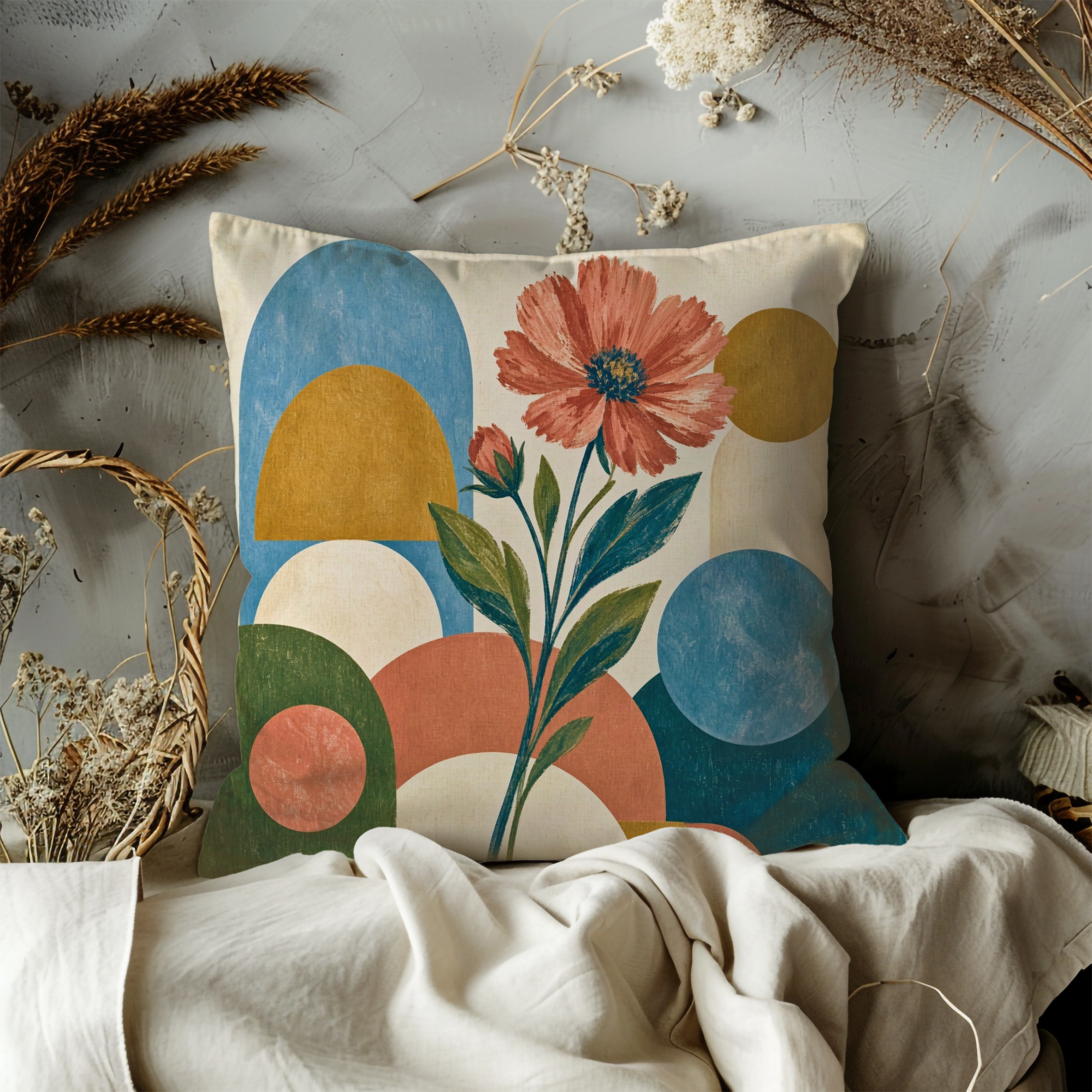 Pink Cosmos Geometric Pillow Cover | Modern Botanical Art | Abstract Floral Decor