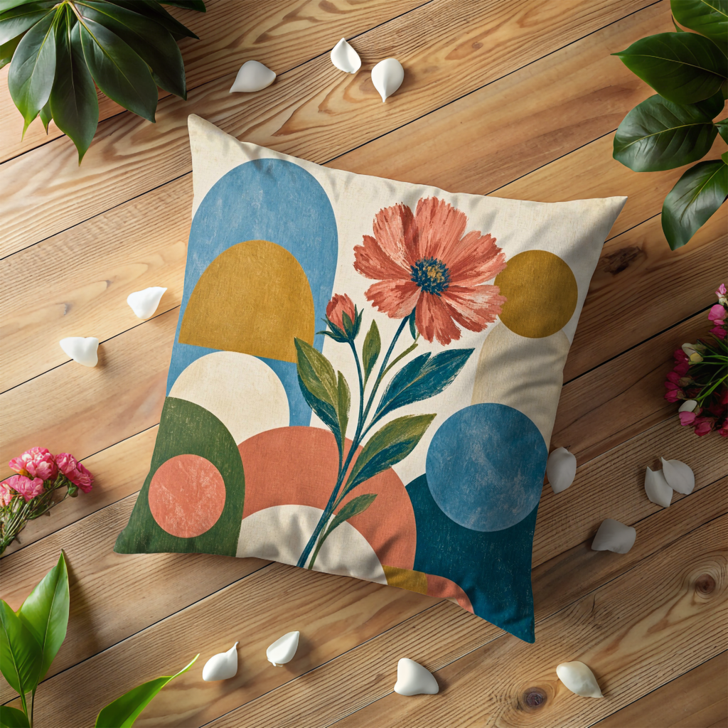 Pink Cosmos Geometric Pillow Cover | Modern Botanical Art | Abstract Floral Decor