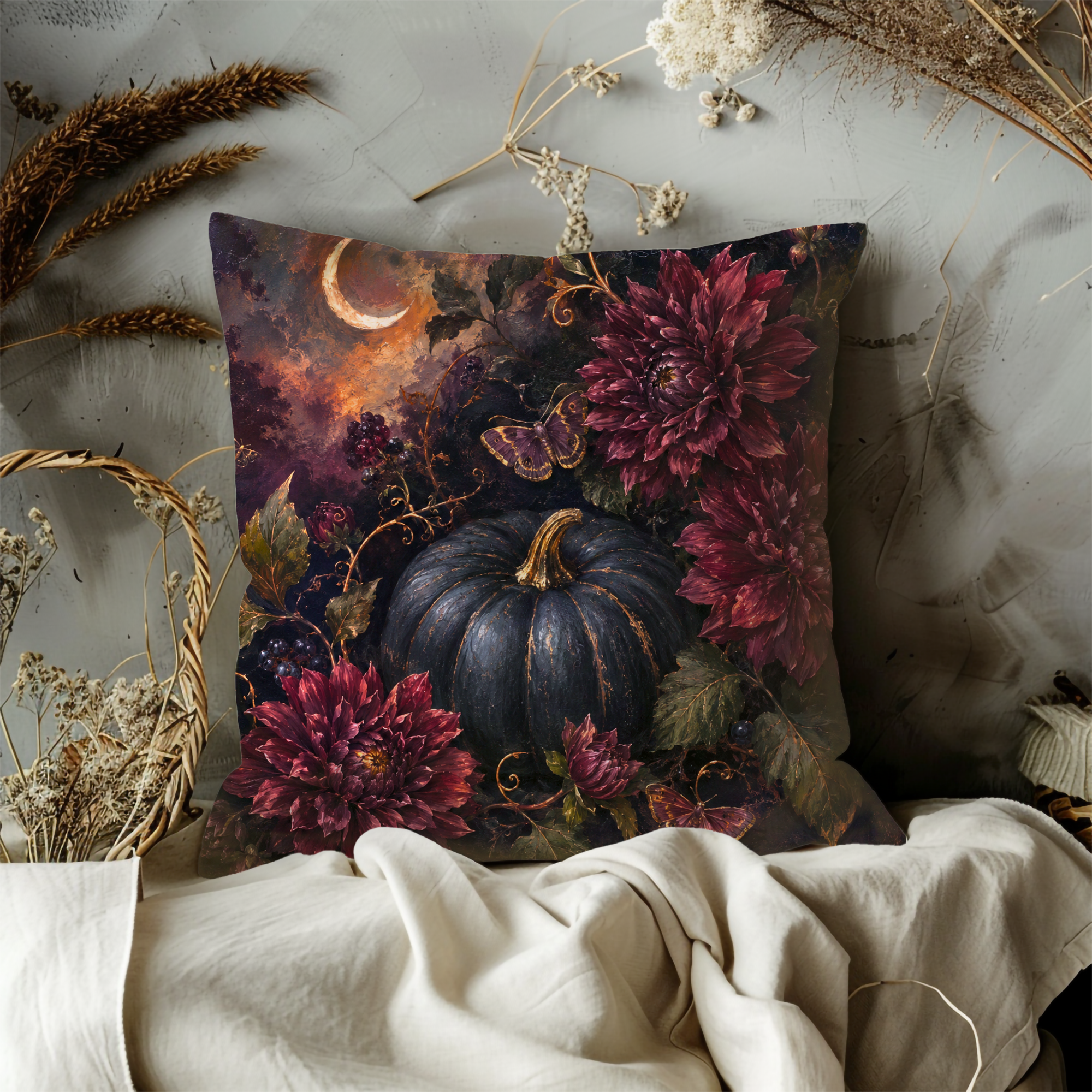 Dark Pumpkin Burgundy Dahlias Pillow Cover | Gothic Autumn Art | Mystical Floral Decor