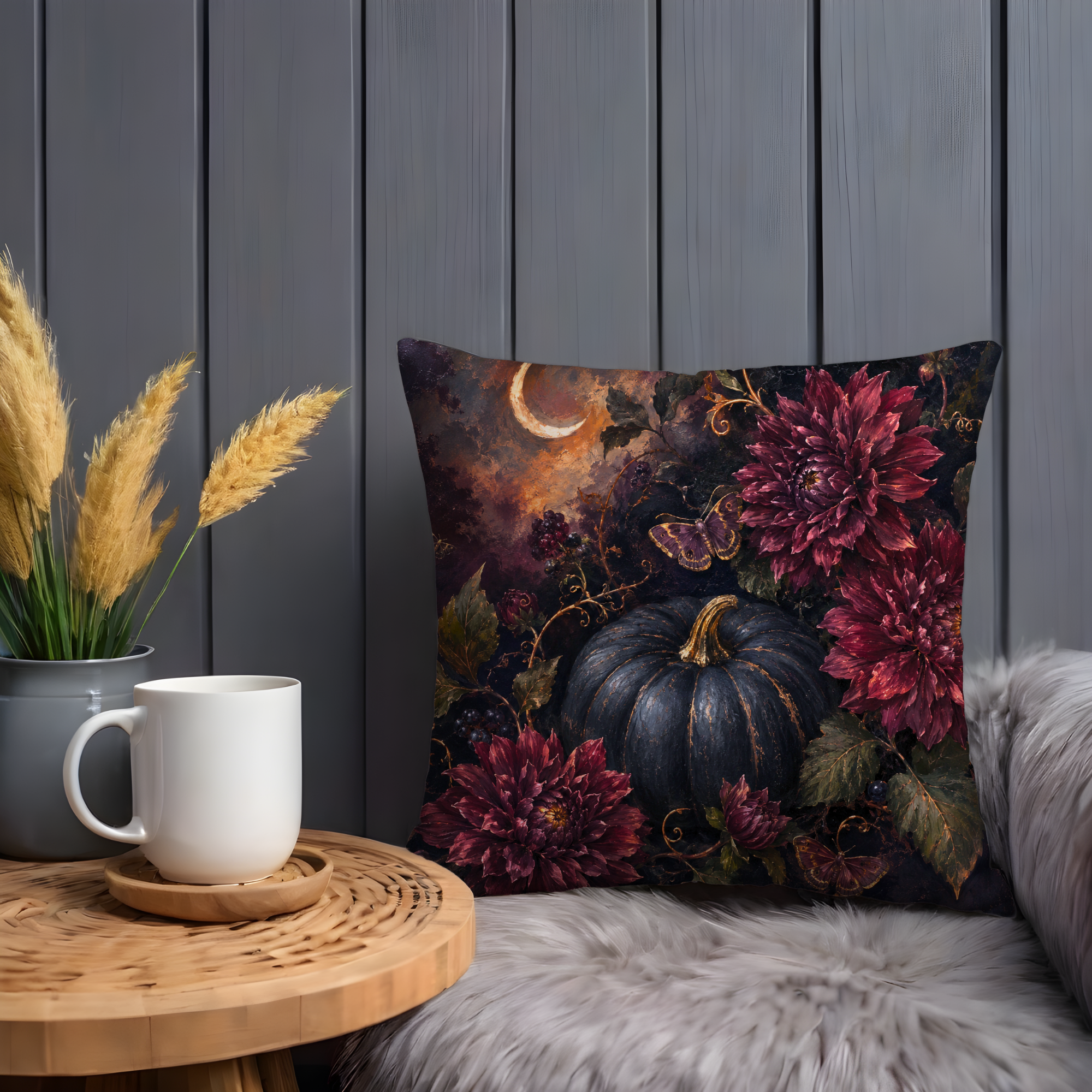 Dark Pumpkin Burgundy Dahlias Pillow Cover | Gothic Autumn Art | Mystical Floral Decor
