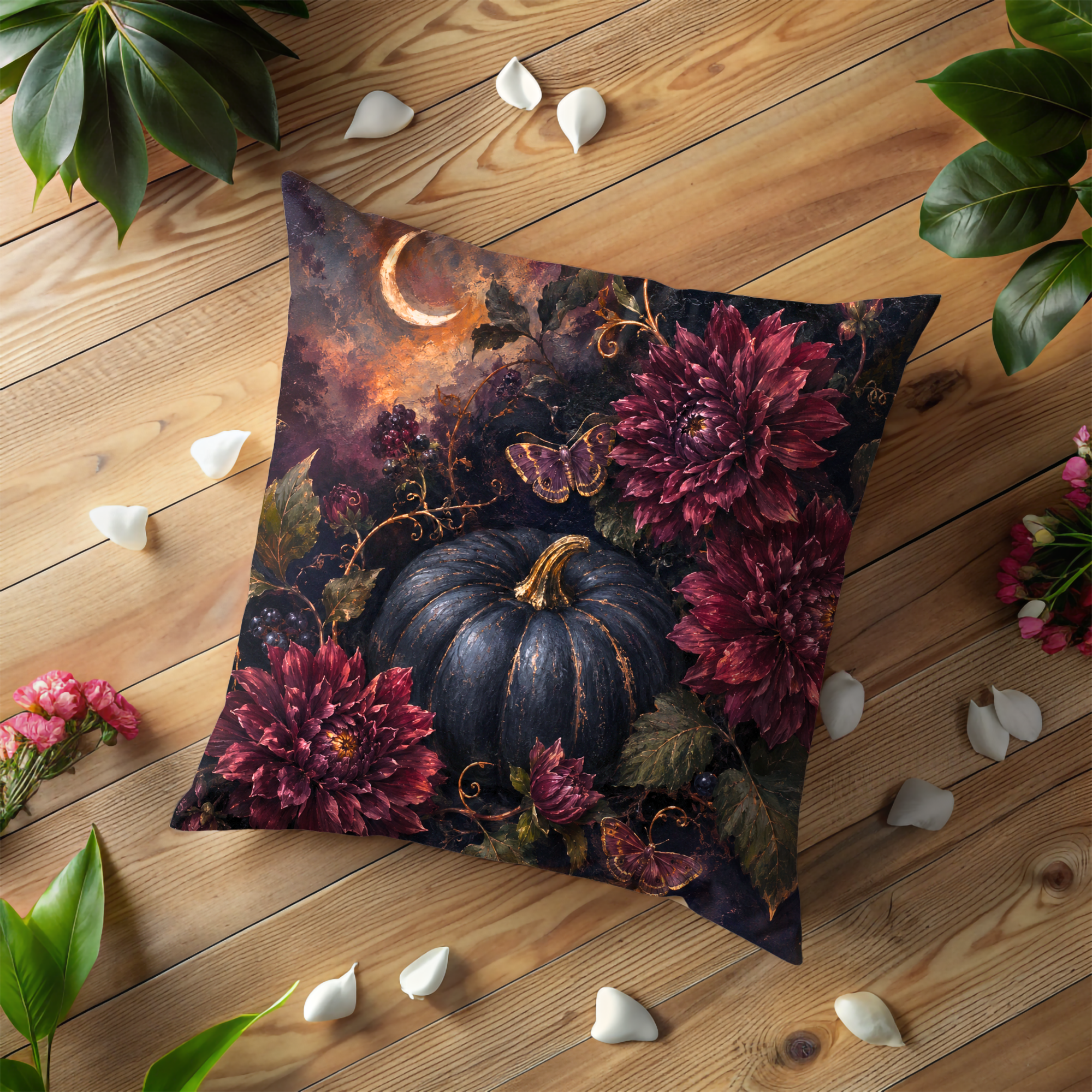 Dark Pumpkin Burgundy Dahlias Pillow Cover | Gothic Autumn Art | Mystical Floral Decor