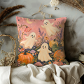 Cute Ghosts Pumpkins Flowers Pillow Cover | Whimsical Halloween Art | Soft Pastel Decor