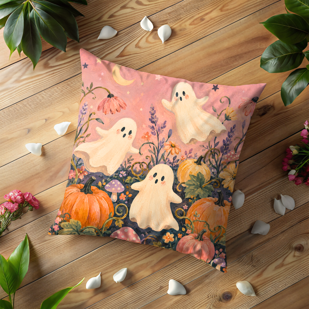Cute Ghosts Pumpkins Flowers Pillow Cover | Whimsical Halloween Art | Soft Pastel Decor