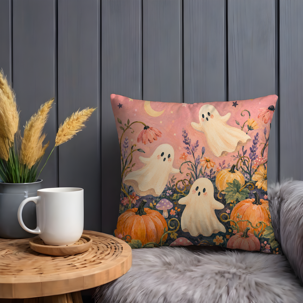 Cute Ghosts Pumpkins Flowers Pillow Cover | Whimsical Halloween Art | Soft Pastel Decor