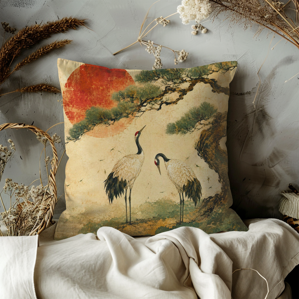 Red-Crowned Cranes Golden Sun Pillow Cover | Classic Japanese Art | Pine Tree Decor