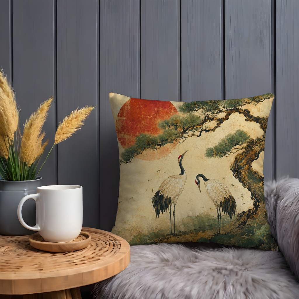 Red-Crowned Cranes Golden Sun Pillow Cover | Classic Japanese Art | Pine Tree Decor