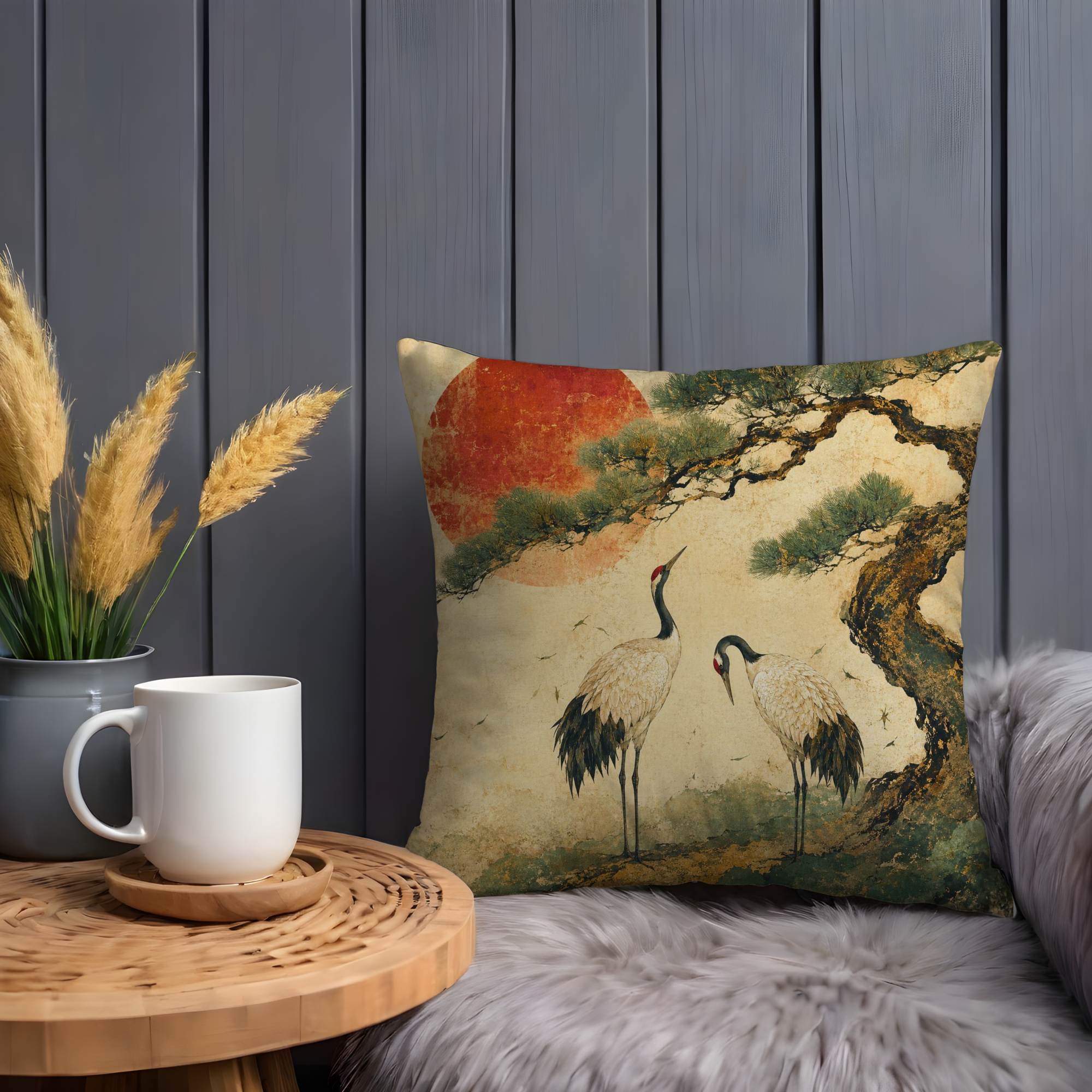 Red-Crowned Cranes Golden Sun Pillow Cover | Classic Japanese Art | Pine Tree Decor
