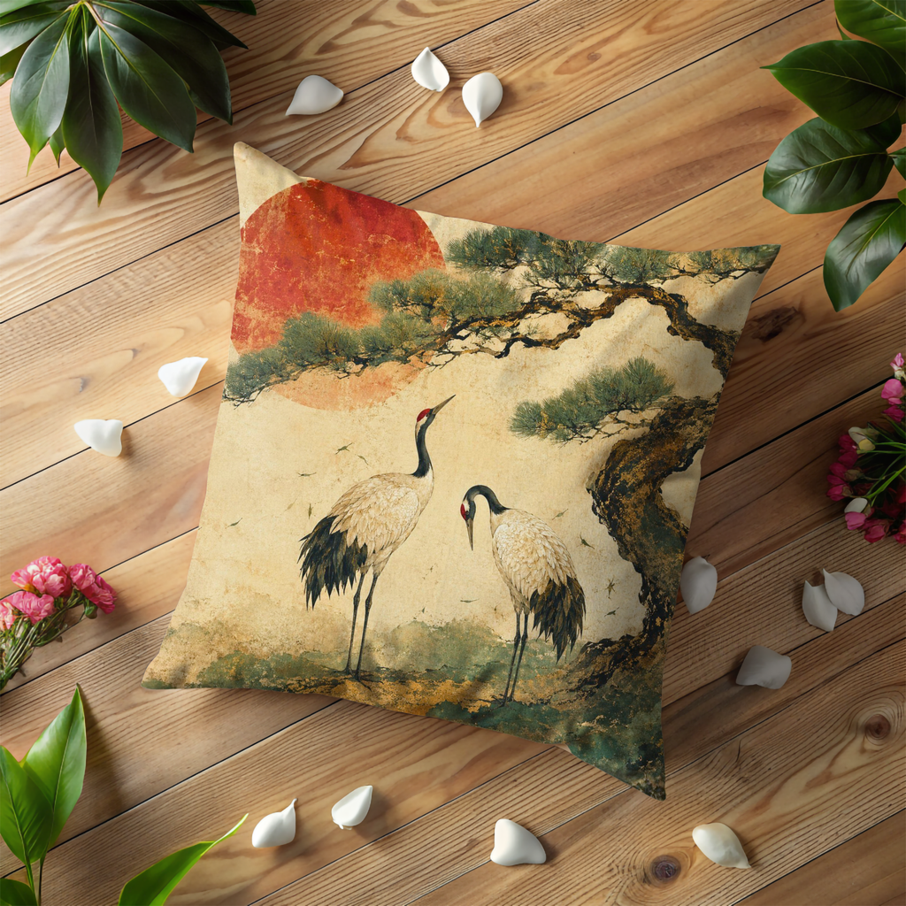 Red-Crowned Cranes Golden Sun Pillow Cover | Classic Japanese Art | Pine Tree Decor