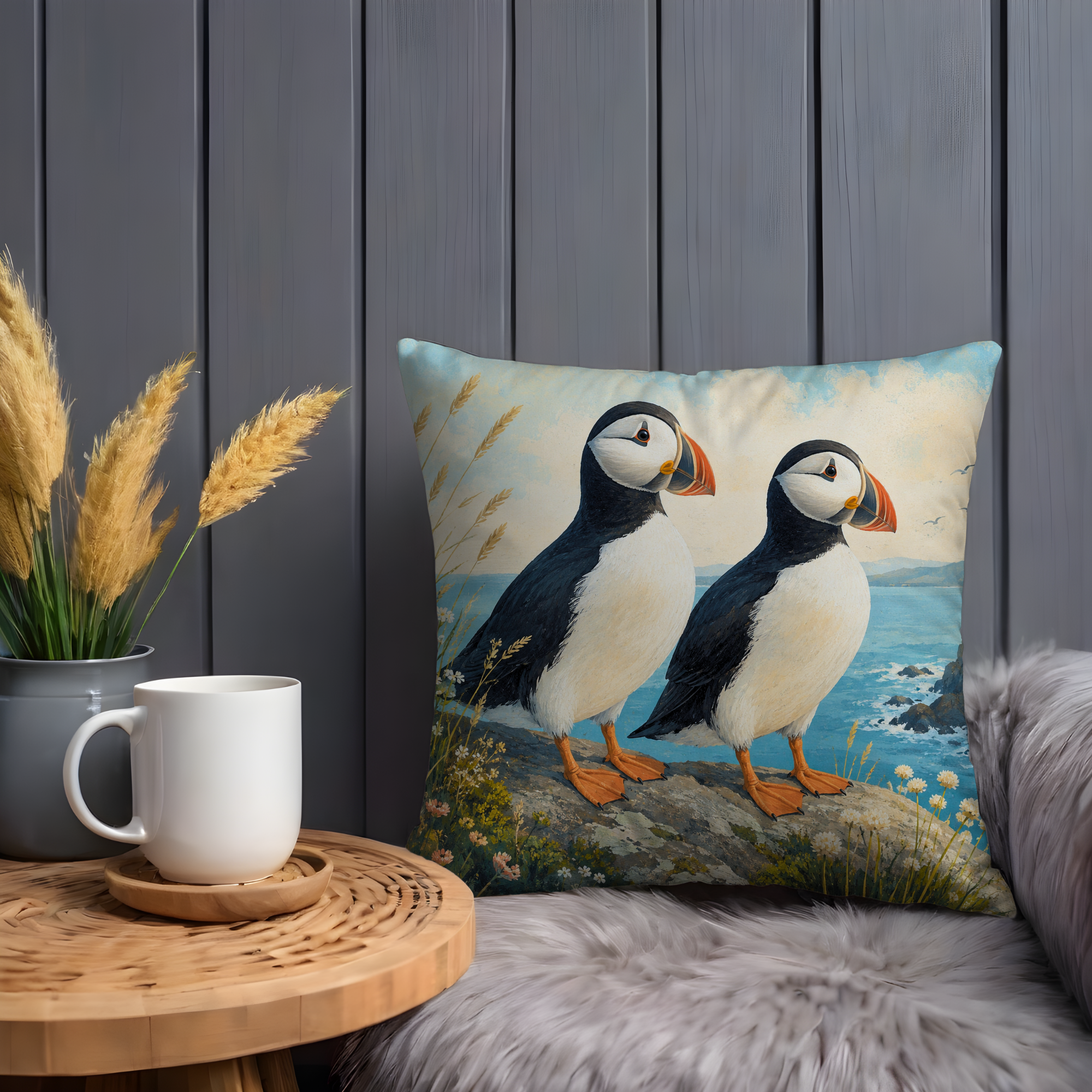 Pair of Puffins Coastal Cliff Pillow Cover | Classic Wildlife Art | Ocean Bird Decor
