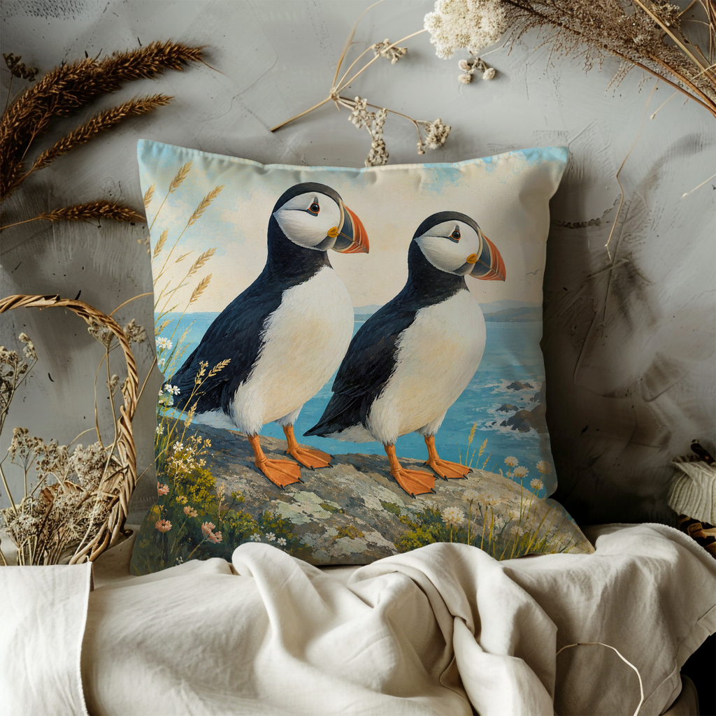 Pair of Puffins Coastal Cliff Pillow Cover | Classic Wildlife Art | Ocean Bird Decor