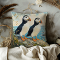Pair of Puffins Coastal Cliff Pillow Cover | Classic Wildlife Art | Ocean Bird Decor