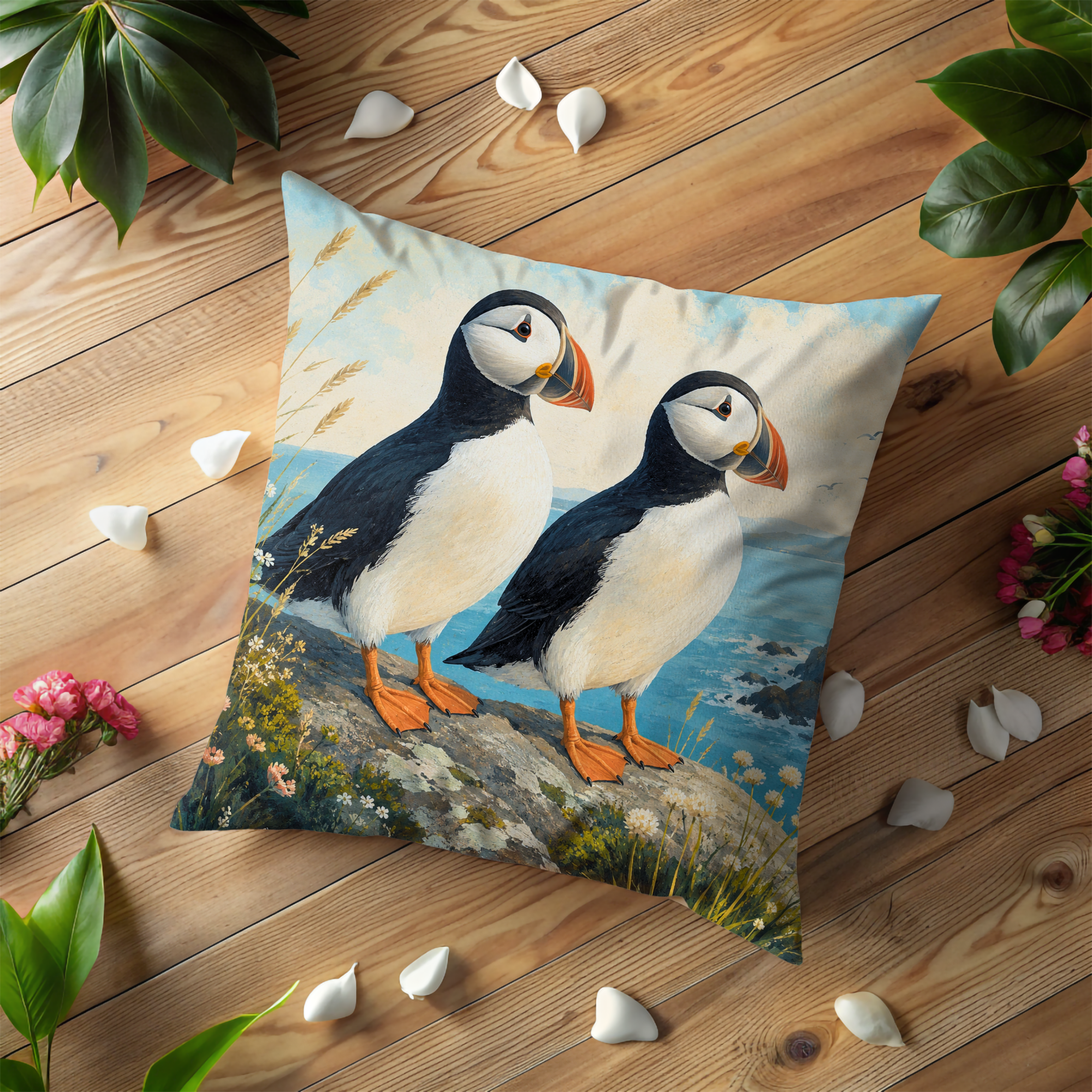 Pair of Puffins Coastal Cliff Pillow Cover | Classic Wildlife Art | Ocean Bird Decor