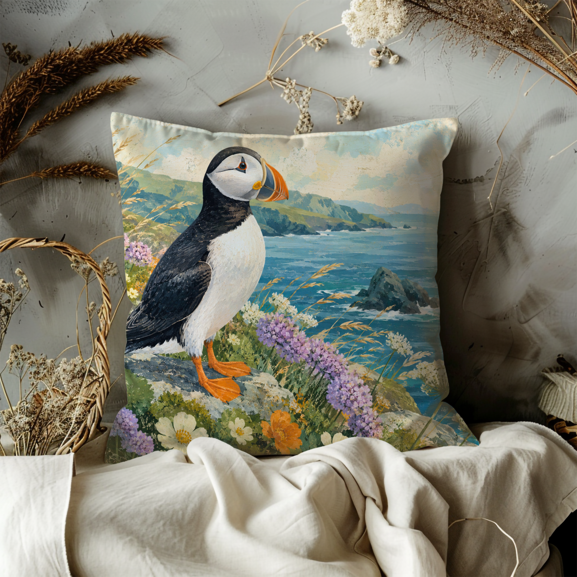 Atlantic Puffin Coastal Flowers Pillow Cover | Classic Wildlife Art | Ocean Bird Decor
