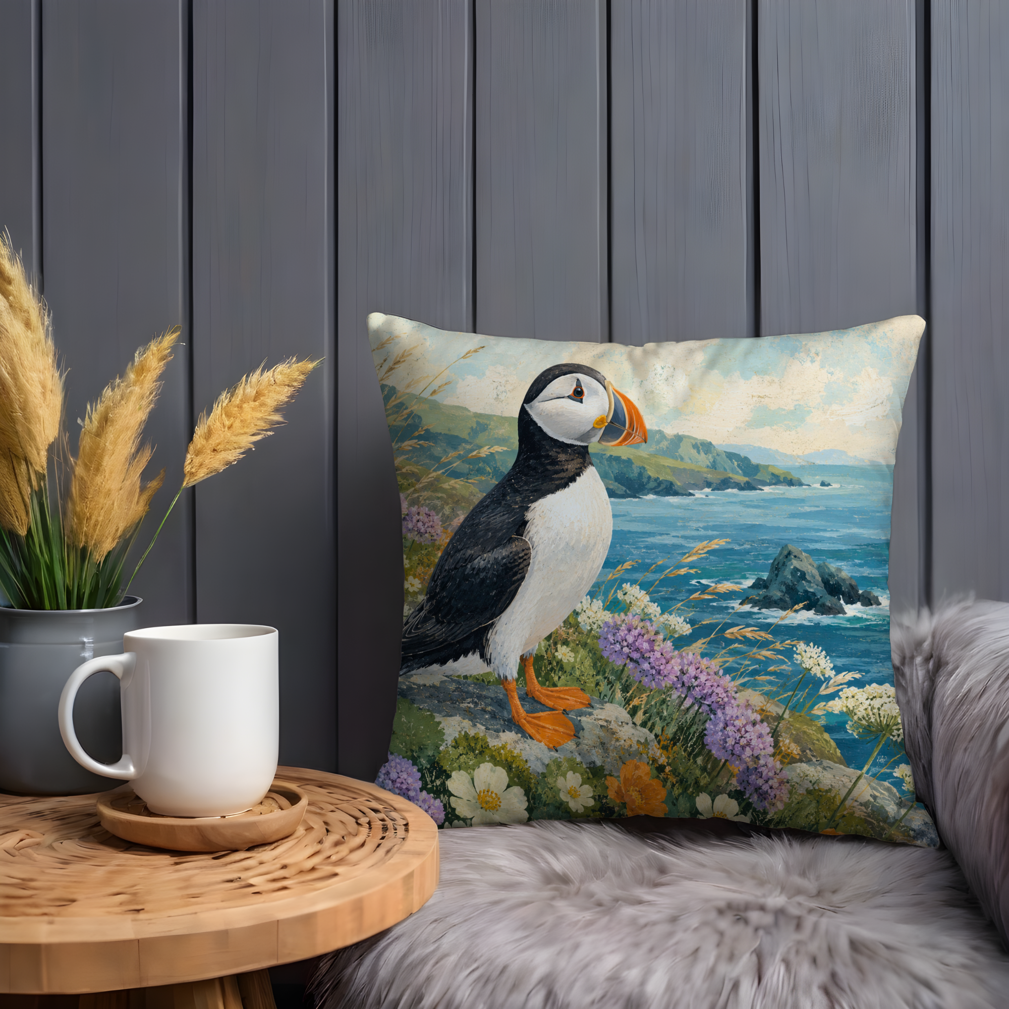 Atlantic Puffin Coastal Flowers Pillow Cover | Classic Wildlife Art | Ocean Bird Decor