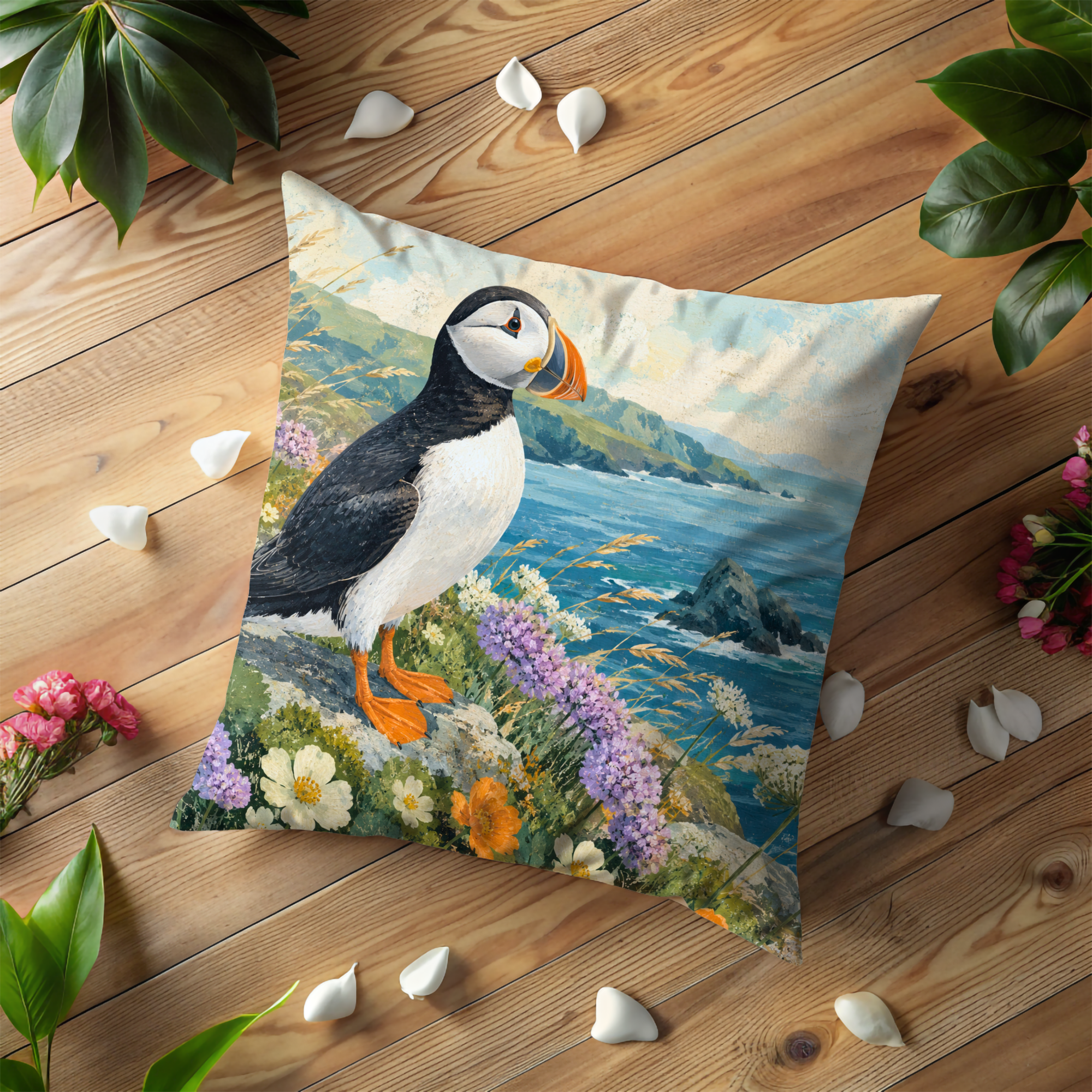 Atlantic Puffin Coastal Flowers Pillow Cover | Classic Wildlife Art | Ocean Bird Decor