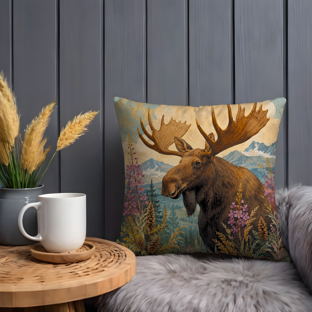 Bull Moose Fireweed Mountain Pillow Cover | Classic Wildlife Art | Northern Landscape Decor