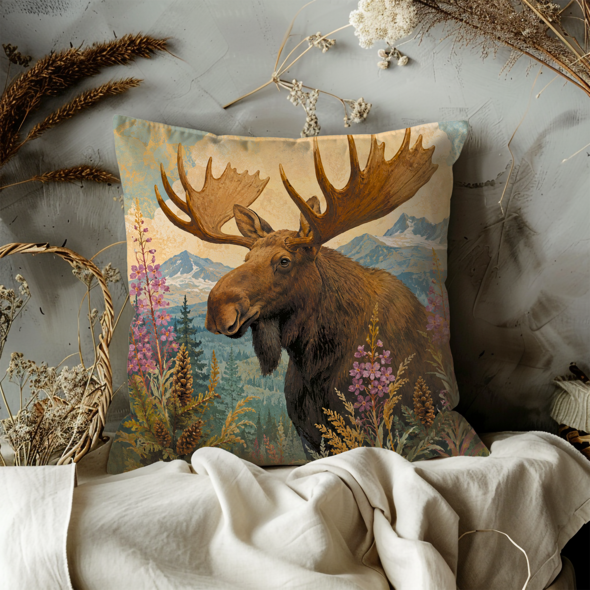 Bull Moose Fireweed Mountain Pillow Cover | Classic Wildlife Art | Northern Landscape Decor