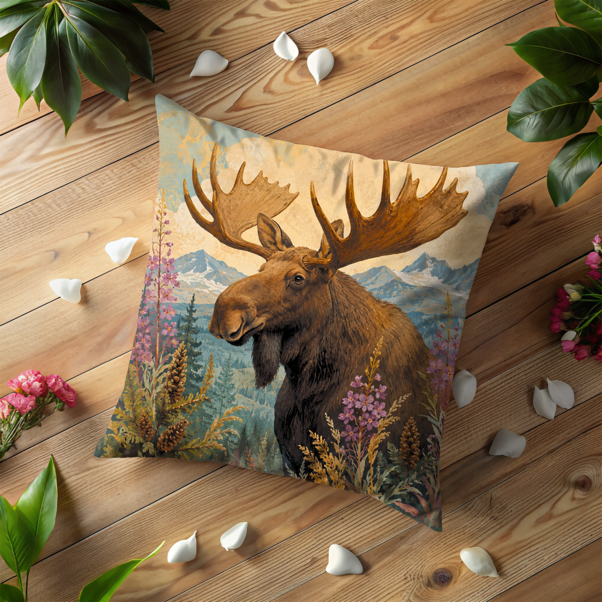 Bull Moose Fireweed Mountain Pillow Cover | Classic Wildlife Art | Northern Landscape Decor