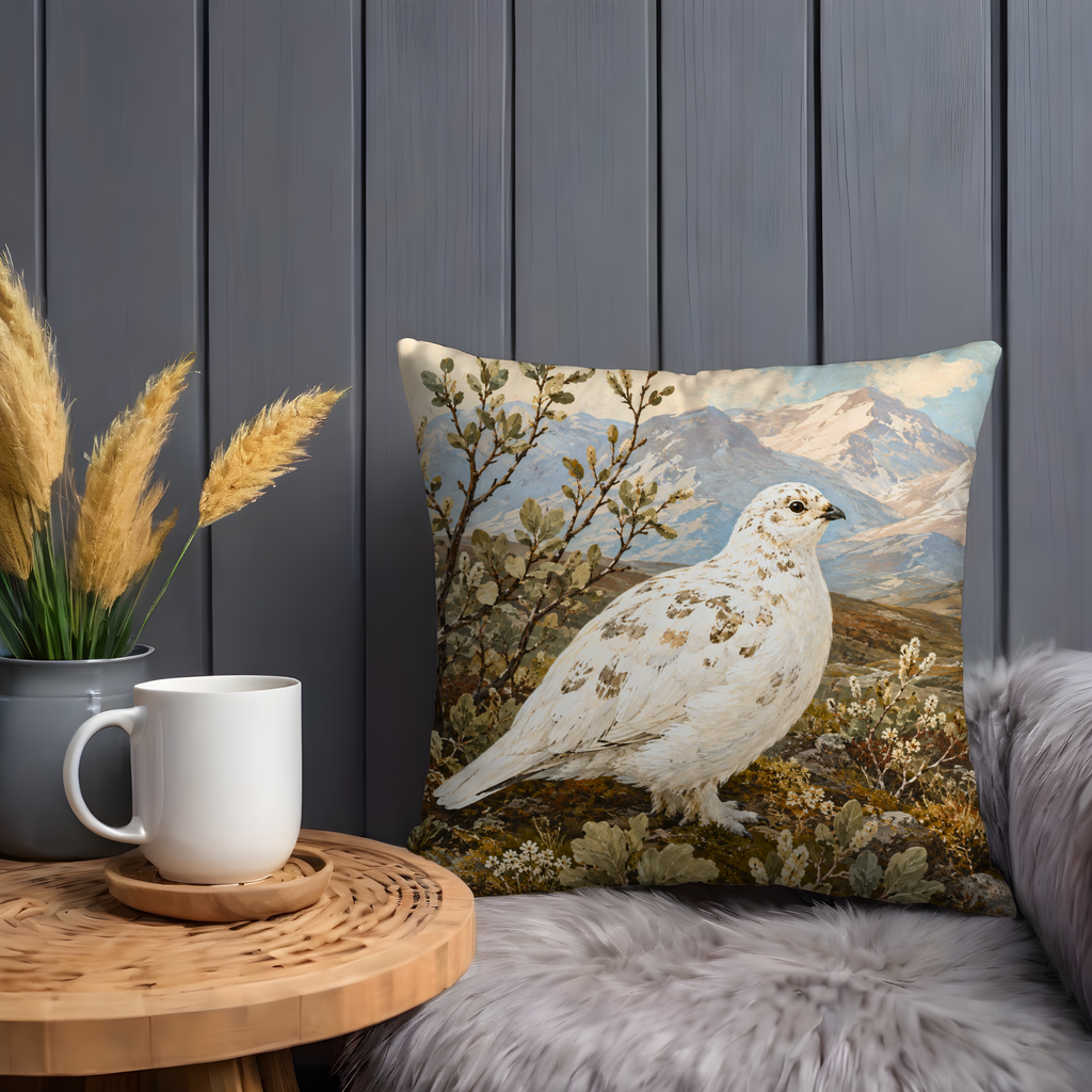 White Ptarmigan Tundra Mountain Pillow Cover | Classic Wildlife Art | Arctic Bird Decor