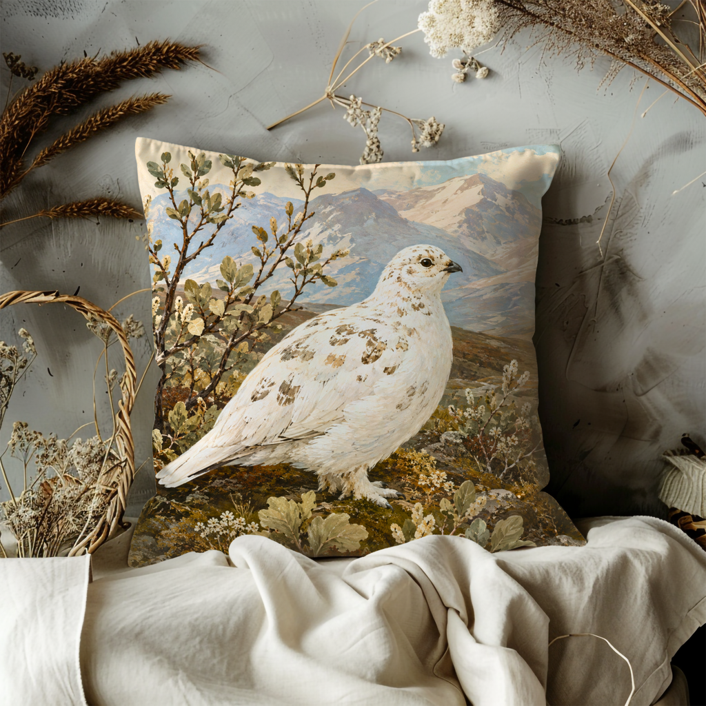 White Ptarmigan Tundra Mountain Pillow Cover | Classic Wildlife Art | Arctic Bird Decor