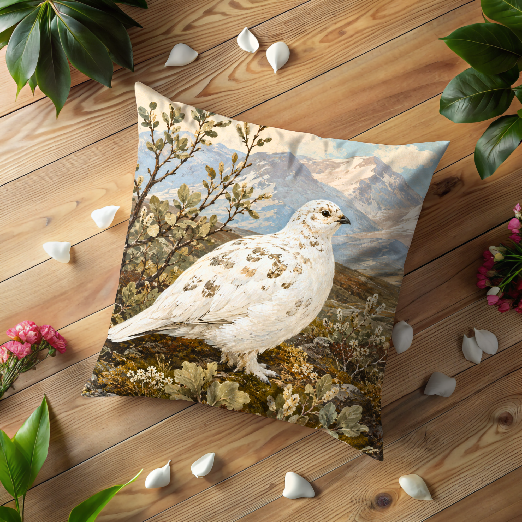 White Ptarmigan Tundra Mountain Pillow Cover | Classic Wildlife Art | Arctic Bird Decor