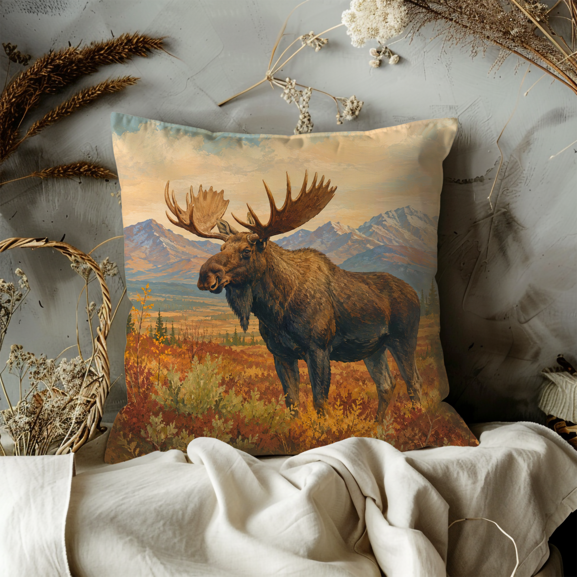 Bull Moose Autumn Tundra Pillow Cover | Classic Wildlife Art | Northern Landscape Decor