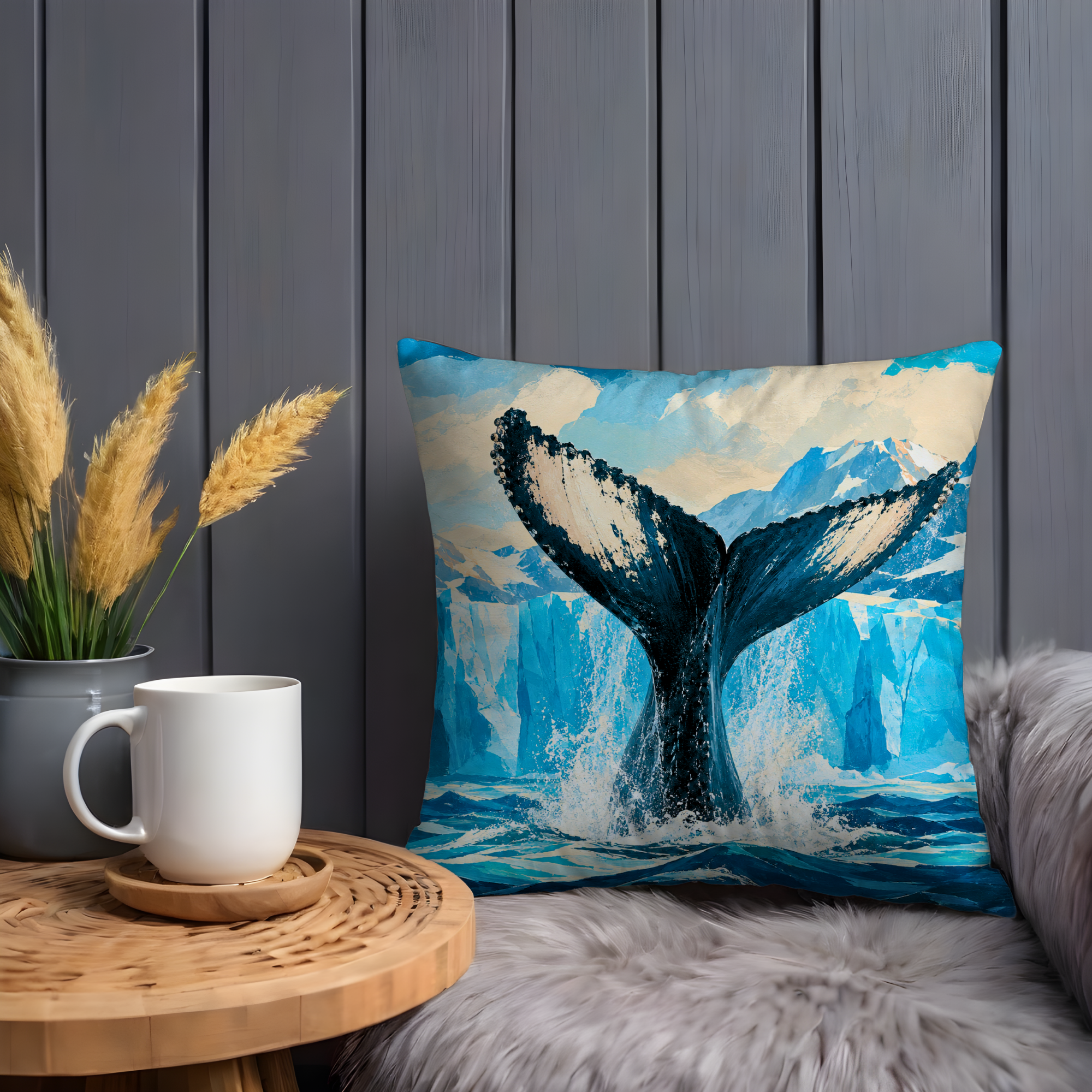 Whale Tail Glacier Ocean Pillow Cover | Classic Wildlife Art | Arctic Marine Decor